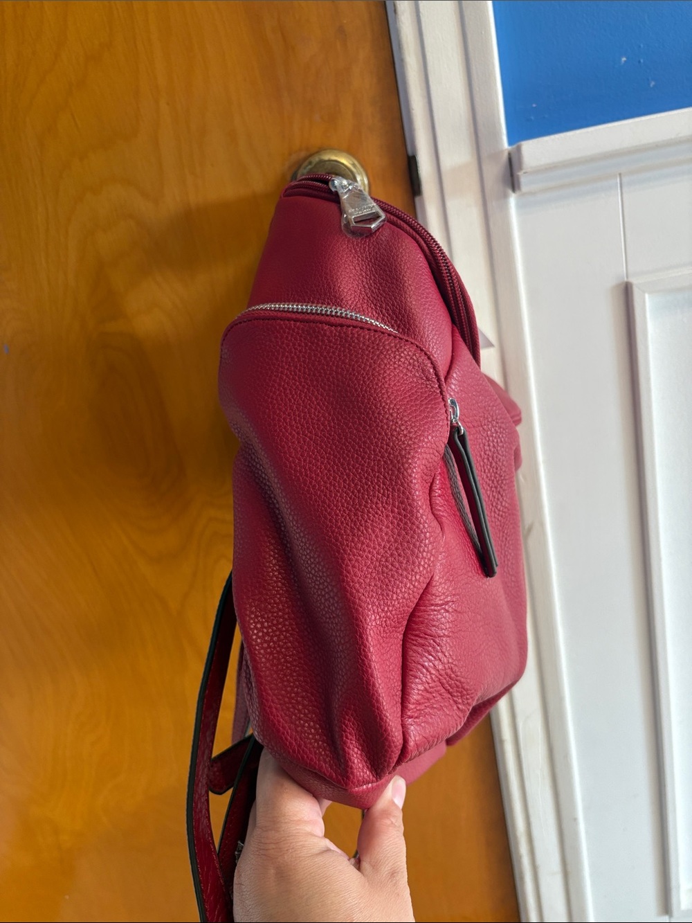 Perlina Pebbled Wine Red Leather Backpack - Picture 4 of 8